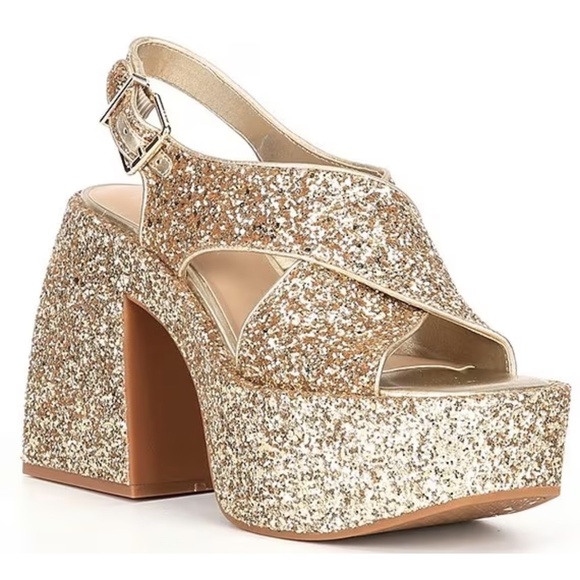 NEW GB Gianni Bini Friday Nite Glitter Platform Dress Sandals in Gold - Picture 1 of 4